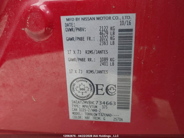 5N1AT2MV8HC734663 Nissan Rogue Sv/sl