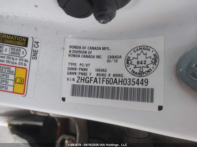 Aukcja sprzedaży 2010 Honda Civic, vin: 2HGFA1F60AH035449, numer aukcji: 12592679