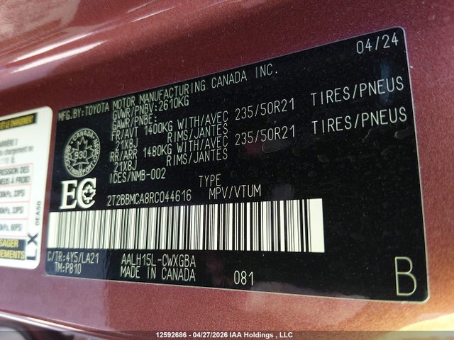 2T2BBMCA8RC044616 Lexus Rx 350h Base/350h Premium/350h Premium Plus/350h Luxury