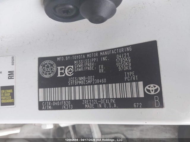 2021 Toyota Corolla Le მანქანა იყიდება აუქციონზე, vin: 5YFBPMBE5MP238460, აუქციონის ნომერი: 12592694