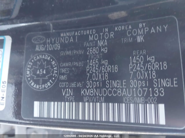 2010 Hyundai Veracruz Gls მანქანა იყიდება აუქციონზე, vin: KM8NUDCC8AU107133, აუქციონის ნომერი: 12592695