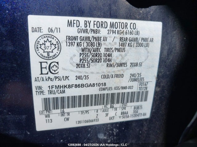 2011 Ford Explorer Limited მანქანა იყიდება აუქციონზე, vin: 1FMHK8F86BGA81018, აუქციონის ნომერი: 12592698