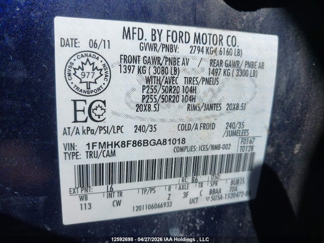2011 Ford Explorer Limited მანქანა იყიდება აუქციონზე, vin: 1FMHK8F86BGA81018, აუქციონის ნომერი: 12592698