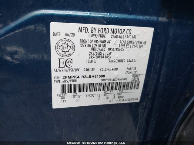 2020 Ford Edge Sel მანქანა იყიდება აუქციონზე, vin: 2FMPK4J92LBA91588, აუქციონის ნომერი: 12592700
