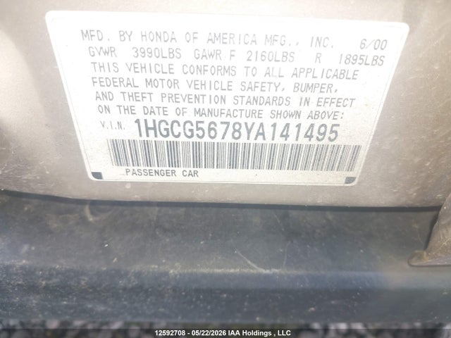 12592708 :رقم المزاد ، 1HGCG5678YA141495 vin ، 2000 Honda Accord Special Edition مزاد بيع