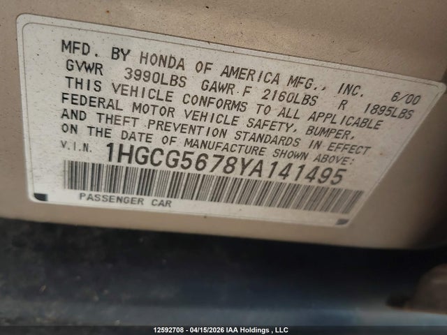 12592708 :رقم المزاد ، 1HGCG5678YA141495 vin ، 2000 Honda Accord Special Edition مزاد بيع