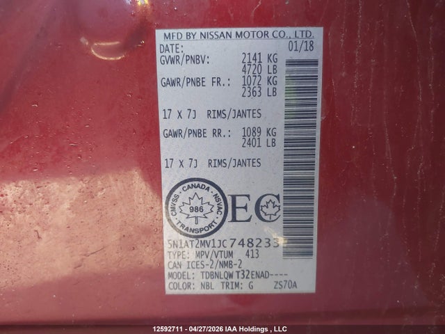 5N1AT2MV1JC748233 Nissan Rogue Sv/sl