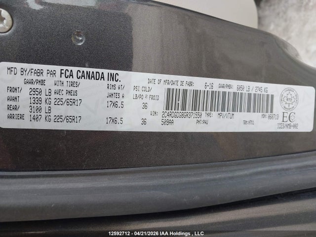 12592712 :رقم المزاد ، 2C4RDGDG8GR371550 vin ، 2016 Dodge Grand Caravan Crew مزاد بيع