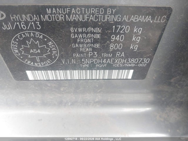 12592718 :رقم المزاد ، 5NPDH4AEXDH380730 vin ، 2013 Hyundai Elantra Gl مزاد بيع