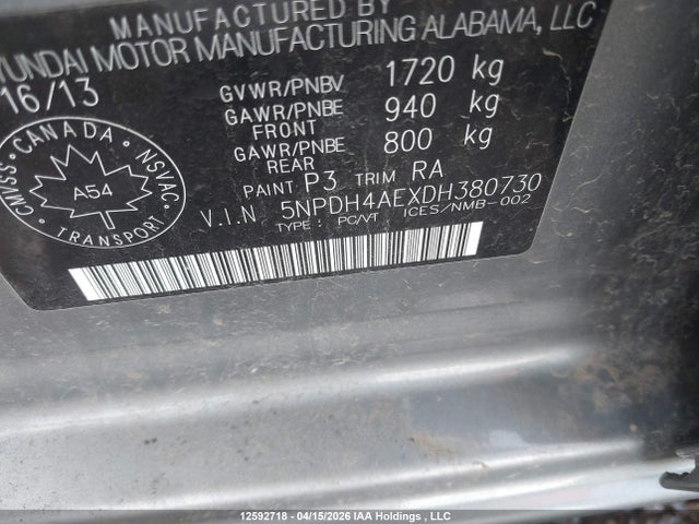 12592718 :رقم المزاد ، 5NPDH4AEXDH380730 vin ، 2013 Hyundai Elantra Gl مزاد بيع