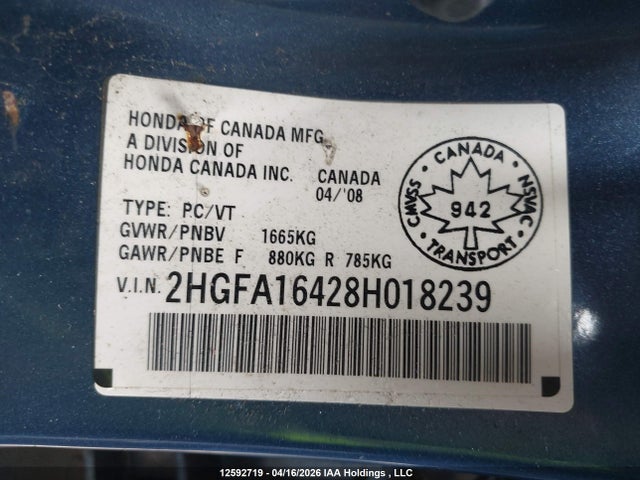 Aukcja sprzedaży 2008 Honda Civic Dx-g, vin: 2HGFA16428H018239, numer aukcji: 12592719