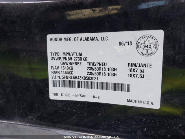 Aukcja sprzedaży 2019 Honda Odyssey Ex, vin: 5FNRL6H48KB503031, numer aukcji: 12592721