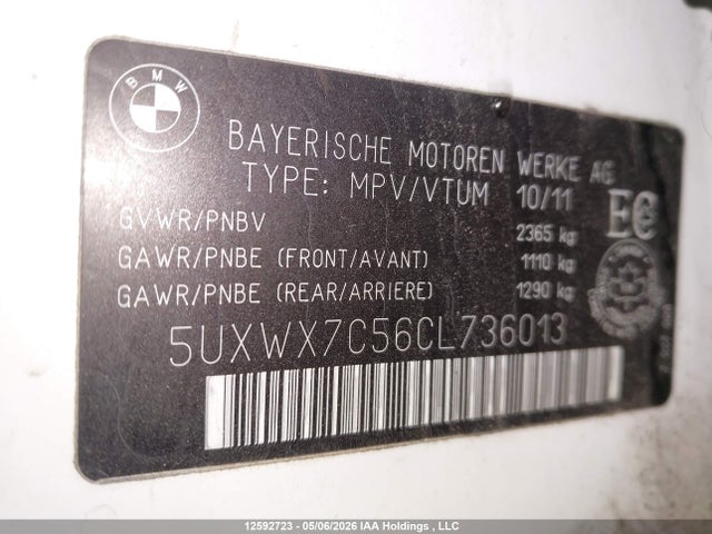 Продаж на аукціоні авто 2012 Bmw X3 Xdrive35i, vin: 5UXWX7C56CL736013, номер лоту: 12592723