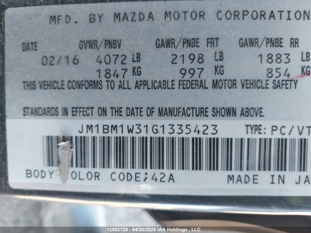 JM1BM1W31G1335423 Mazda Mazda3 Gt