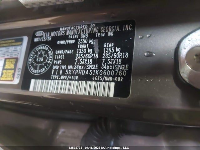 5XYPHDA51KG600760 KIA Sorento Ex/ex Sport