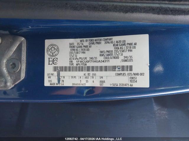 1FMCU0F71HUA34311 Ford ESCAPE S