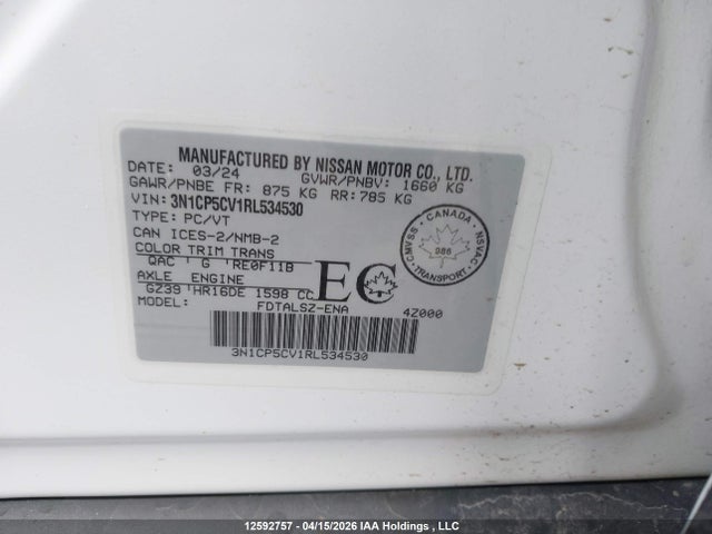 2024 Nissan Kicks Sv მანქანა იყიდება აუქციონზე, vin: 3N1CP5CV1RL534530, აუქციონის ნომერი: 12592757