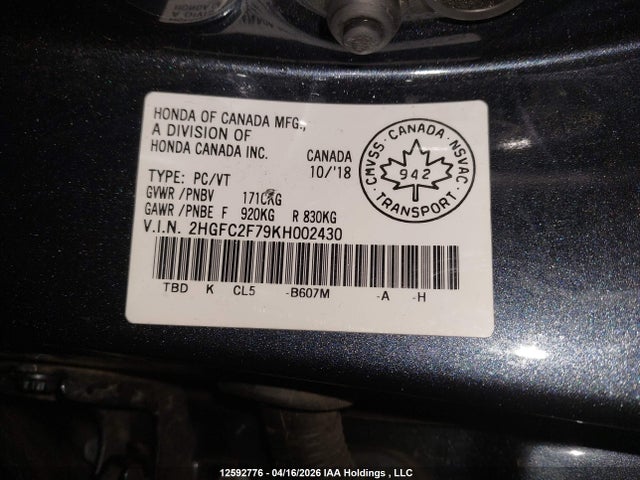 Aukcja sprzedaży 2019 Honda Civic Ex, vin: 2HGFC2F79KH002430, numer aukcji: 12592776