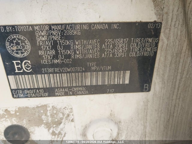 2013 Toyota Rav4 Xle მანქანა იყიდება აუქციონზე, vin: 2T3RFREV2DW007824, აუქციონის ნომერი: 12592778