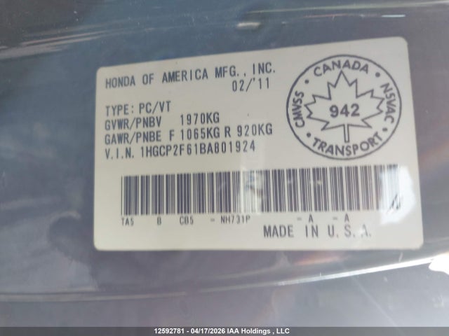 Aukcja sprzedaży 2011 Honda Accord Se, vin: 1HGCP2F61BA801924, numer aukcji: 12592781