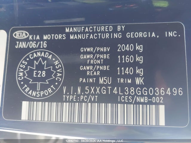 5XXGT4L38GG036496 KIA Optima Lx/lx+