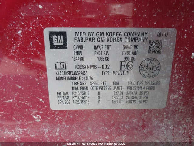 12559774 :رقم المزاد ، KL4CJASBXJB522455 vin ، 2018 Buick Encore Preferred مزاد بيع