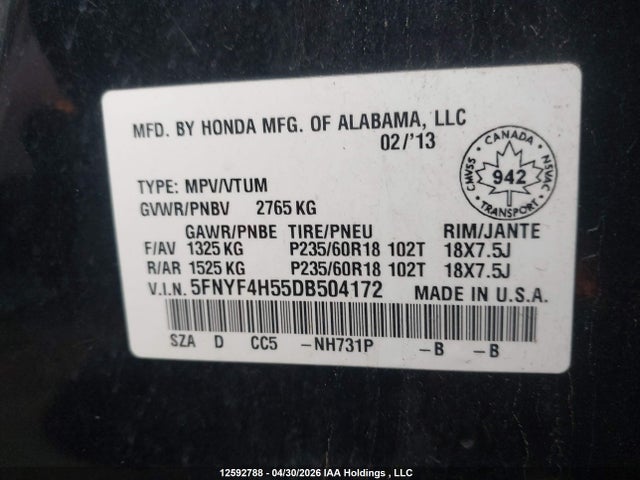 Продаж на аукціоні авто 2013 Honda Pilot Ex-l, vin: 5FNYF4H55DB504172, номер лоту: 12592788