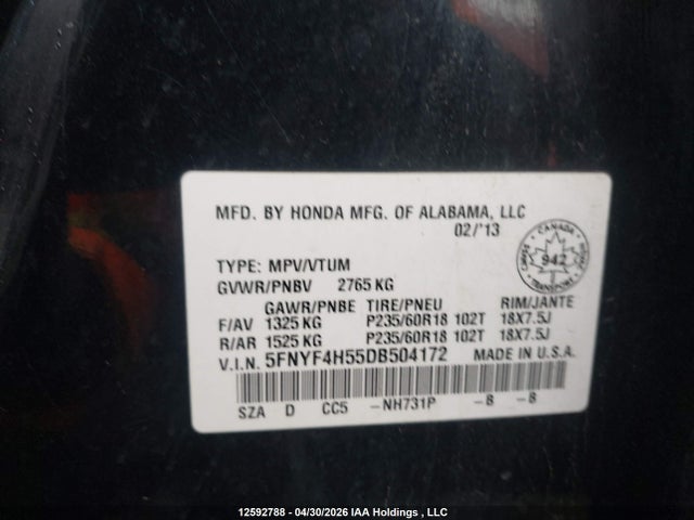 Продаж на аукціоні авто 2013 Honda Pilot Ex-l, vin: 5FNYF4H55DB504172, номер лоту: 12592788