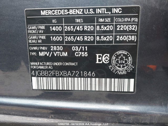 Aukcja sprzedaży 2011 Mercedes-benz Ml 350 Bluetec 4matic, vin: 4JGBB2FBXBA721846, numer aukcji: 12592795