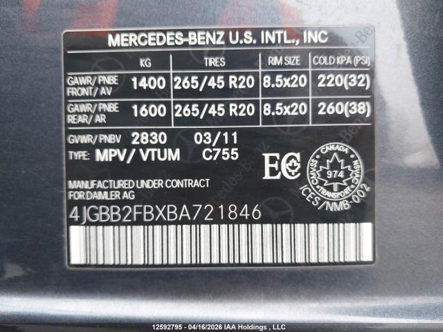 Aukcja sprzedaży 2011 Mercedes-benz Ml 350 Bluetec 4matic, vin: 4JGBB2FBXBA721846, numer aukcji: 12592795