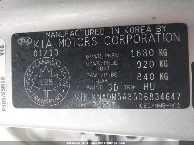 12592802 :رقم المزاد ، KNADM5A35D6834647 vin ، 2013 Kia Rio Lx مزاد بيع