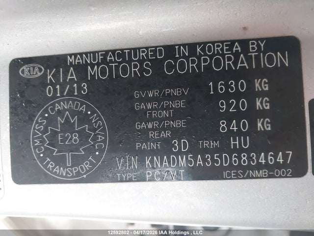 12592802 :رقم المزاد ، KNADM5A35D6834647 vin ، 2013 Kia Rio Lx مزاد بيع