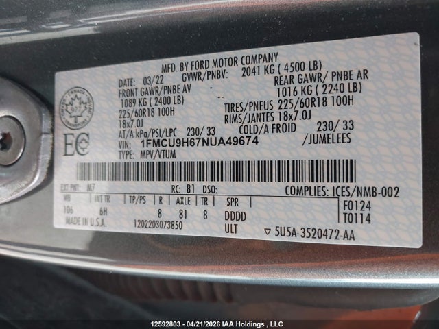 1FMCU9H67NUA49674 Ford ESCAPE SEL