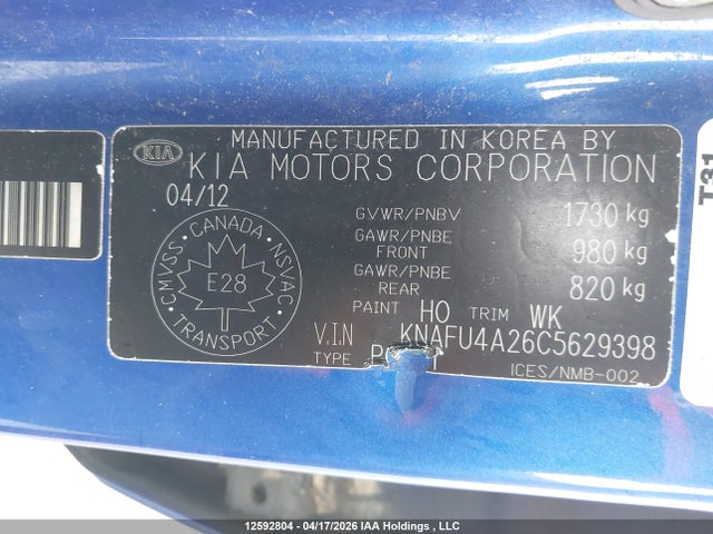 2012 Kia Forte 2.0l Ex მანქანა იყიდება აუქციონზე, vin: KNAFU4A26C5629398, აუქციონის ნომერი: 12592804