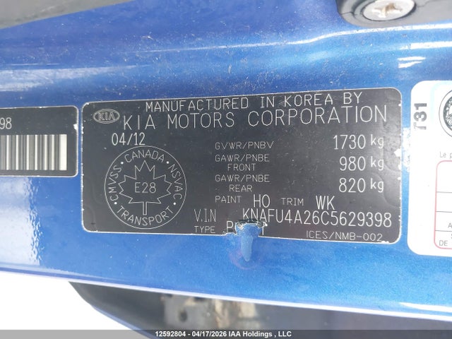 2012 Kia Forte 2.0l Ex მანქანა იყიდება აუქციონზე, vin: KNAFU4A26C5629398, აუქციონის ნომერი: 12592804