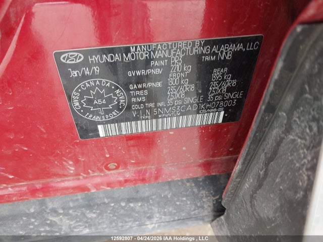12592807 :رقم المزاد ، 5NMS3CAD1KH078003 vin ، 2019 Hyundai Santa Fe Preferred 2.4 مزاد بيع