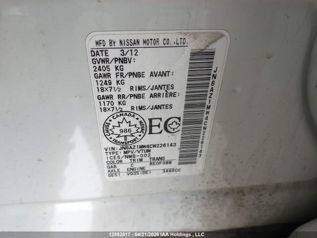 Aukcja sprzedaży 2012 Nissan Murano, vin: JN8AZ1MW4CW226143, numer aukcji: 12592817