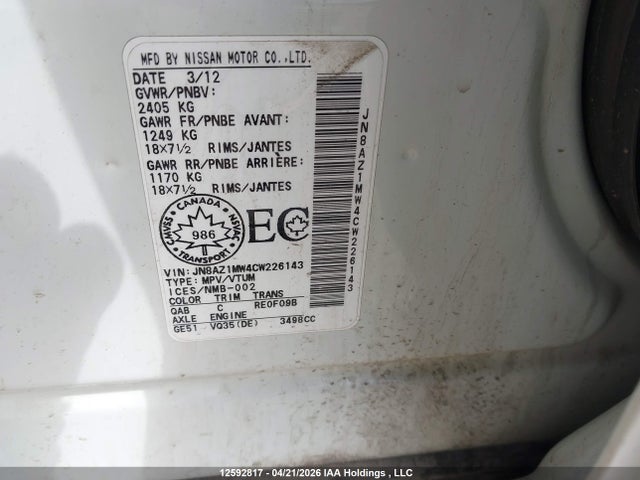 Aukcja sprzedaży 2012 Nissan Murano, vin: JN8AZ1MW4CW226143, numer aukcji: 12592817