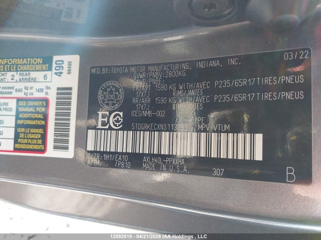 5TDGRKECXNS113381 Toyota Sienna