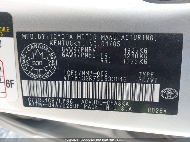 12592828 :رقم المزاد ، 4T1BE32K75U533016 vin ، 2005 Toyota Camry Le/se/std/xle مزاد بيع