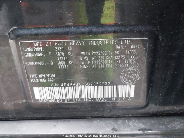 12592837 :رقم المزاد ، 4S4BRJKC5B2352232 vin ، 2011 Subaru Outback 3.6r Limited مزاد بيع