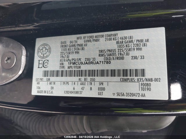 2024 Ford Escape Platinum მანქანა იყიდება აუქციონზე, vin: 1FMCU9JA0RUA71780, აუქციონის ნომერი: 12592846
