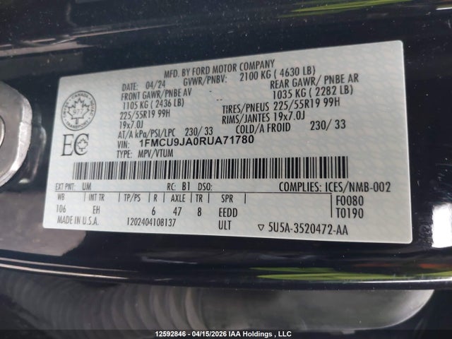 2024 Ford Escape Platinum მანქანა იყიდება აუქციონზე, vin: 1FMCU9JA0RUA71780, აუქციონის ნომერი: 12592846