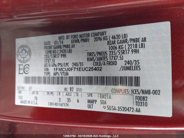 2014 Ford Escape S მანქანა იყიდება აუქციონზე, vin: 1FMCU0F71EUC25402, აუქციონის ნომერი: 12563794
