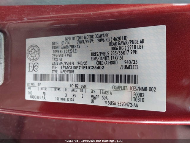 2014 Ford Escape S მანქანა იყიდება აუქციონზე, vin: 1FMCU0F71EUC25402, აუქციონის ნომერი: 12563794