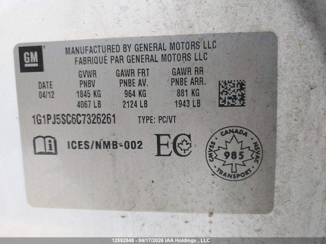 12592848 :رقم المزاد ، 1G1PJ5SC6C7326261 vin ، 2012 Chevrolet Cruze Eco مزاد بيع