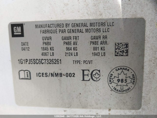 12592848 :رقم المزاد ، 1G1PJ5SC6C7326261 vin ، 2012 Chevrolet Cruze Eco مزاد بيع