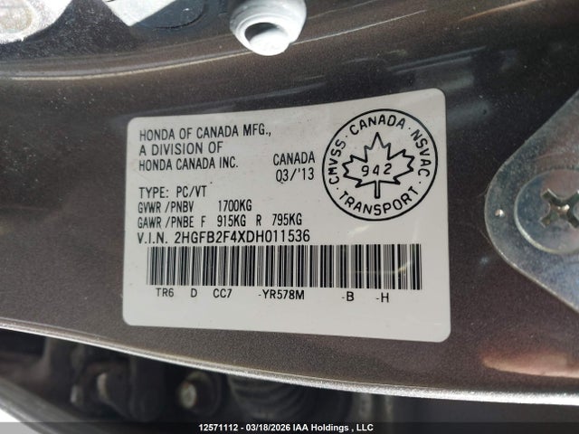 12571112 :رقم المزاد ، 2HGFB2F4XDH011536 vin ، 2013 Honda Civic Lx مزاد بيع