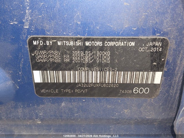 2015 Mitsubishi Lancer მანქანა იყიდება აუქციონზე, vin: JA32U2FUXFU602620, აუქციონის ნომერი: 12592855