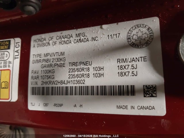 2HKRW2H84JH103602 Honda CR-V EXL